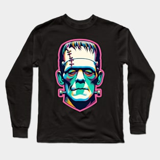 Vibrant Neon Frankenstein Portrait Tee – Modern Gothic Fashion Long Sleeve T-Shirt